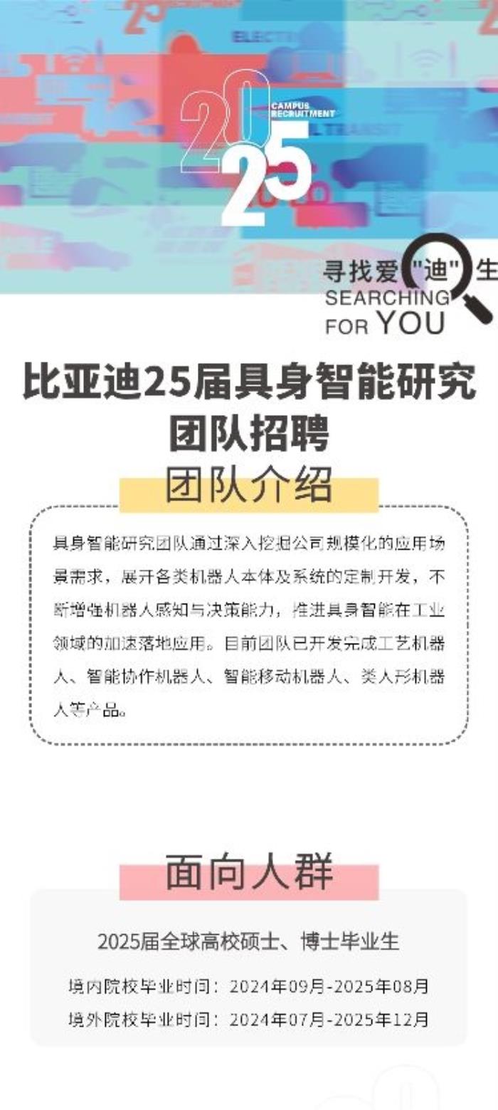 比亞迪加入人形機器人領域！面向全球高校招聘碩士、博士畢業生等人才