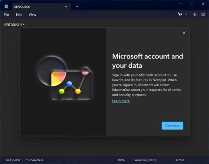 網友稱Windows 11記事本強迫登陸微軟賬戶：除非你用AI