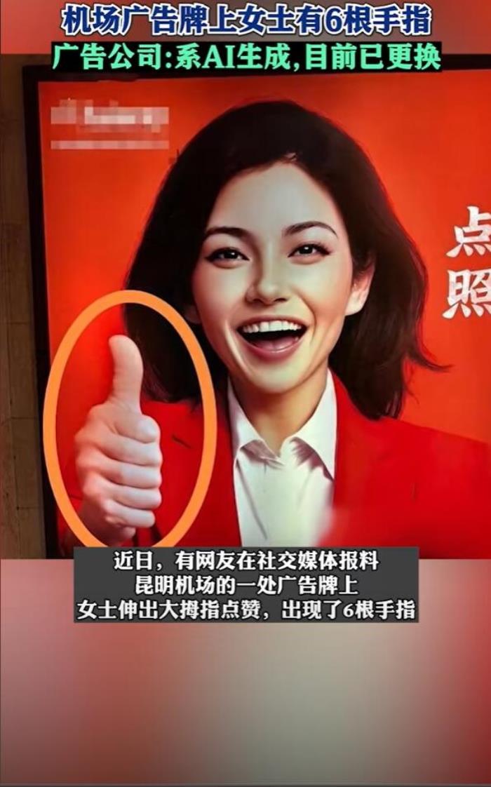 公司回應(yīng)廣告牌上女士有6根手指：AI生成 已更換