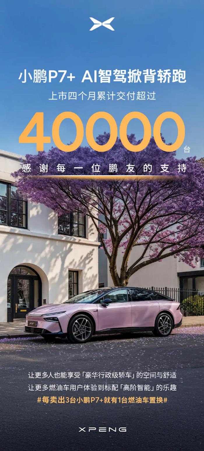 20萬級AI智駕轎跑！小鵬P7+上市四個月累計交付突破40000大關