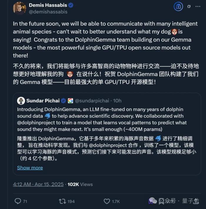 海豚語言被谷歌大模型破譯!跨物種交流大門打開,哈薩比斯:下一個是狗